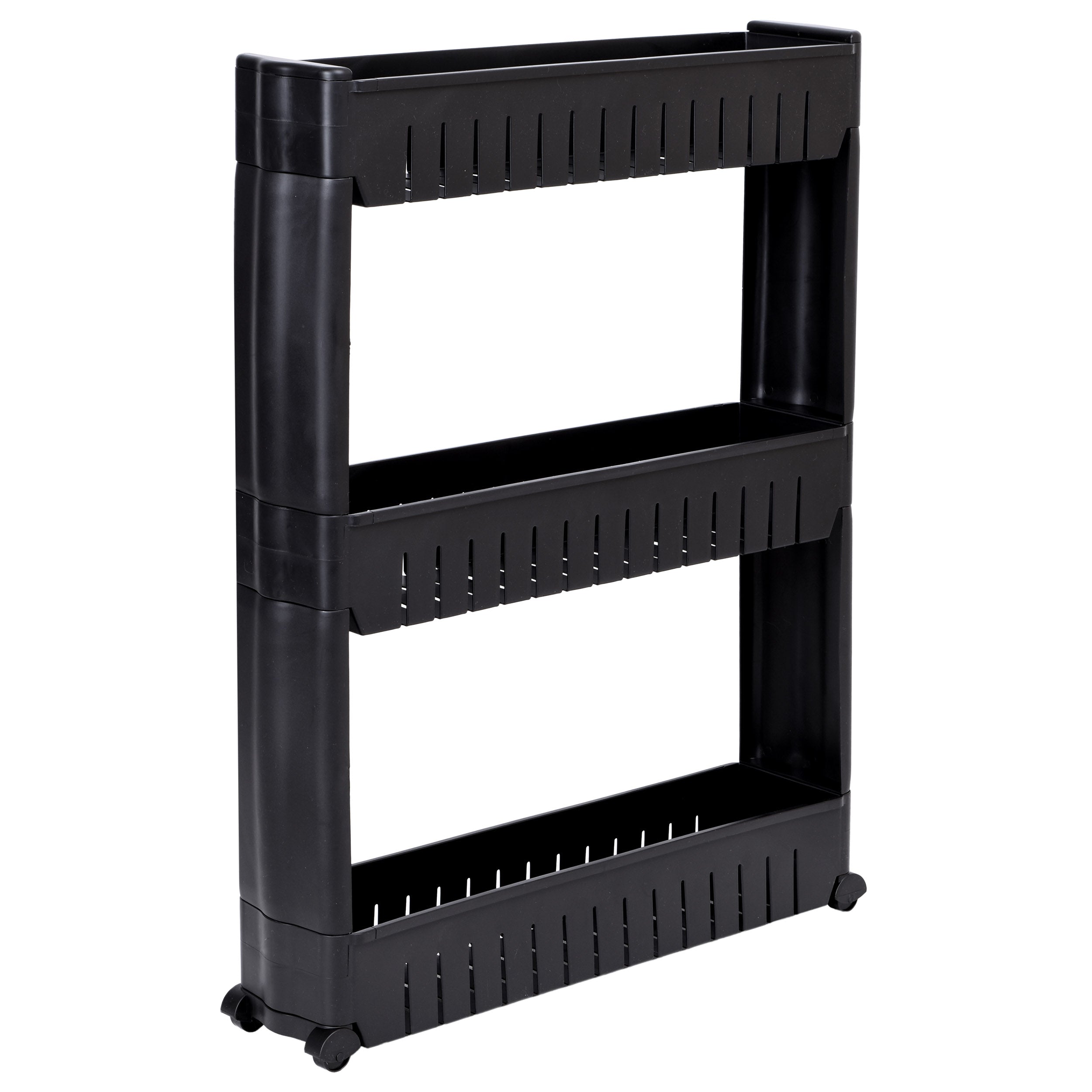 KITCHEN CABINET MOBILE NARROW BOOKCASE WITH WHEELS BLACK 3 SHELVES