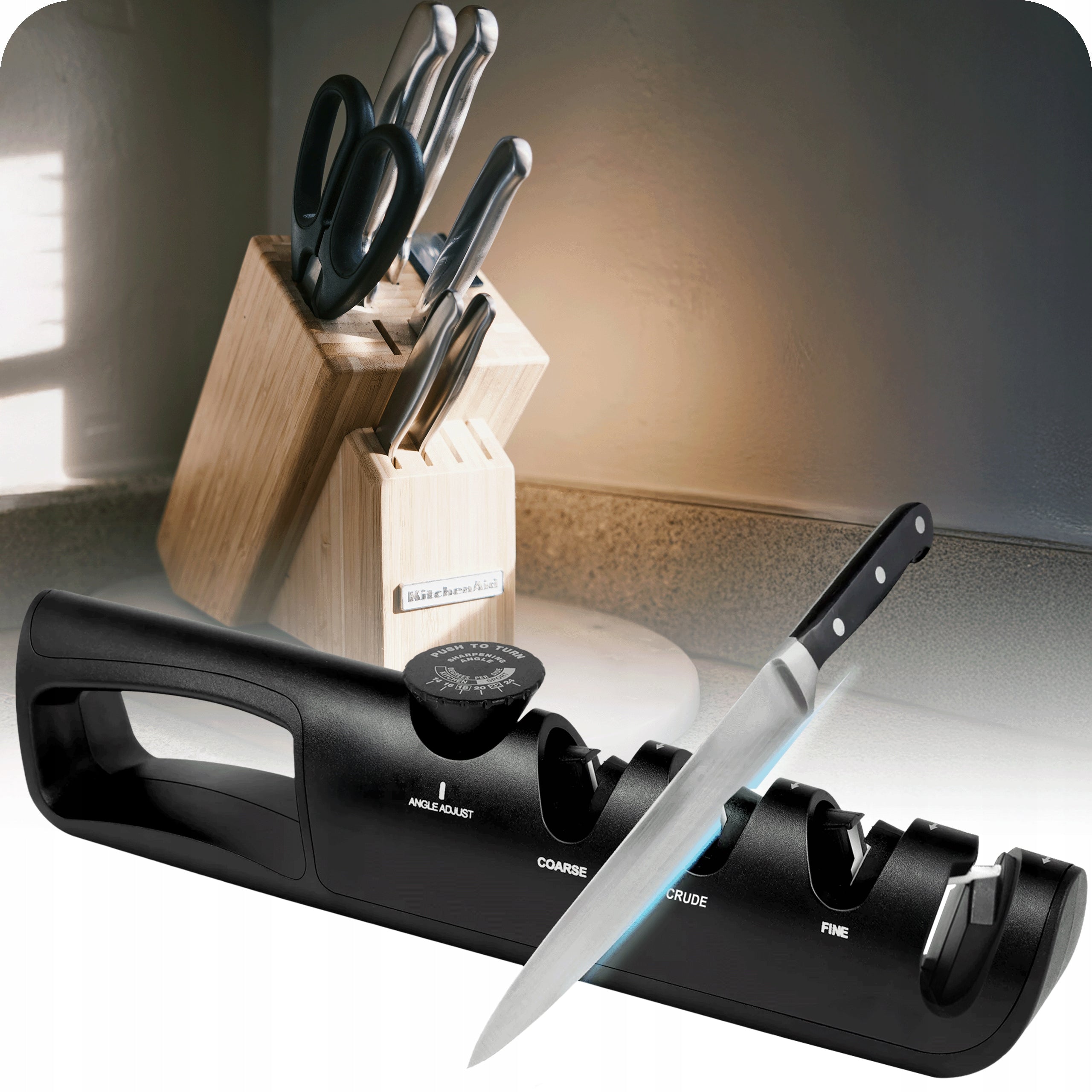 KITCHEN KNIFE AND SCISSORS SHARPENER PROFESSIONAL THREE-PHASE 3in1 WHETSTONE Manufacturer code OSTRZAŁKA DO NOŻY KUCHENNYCH TRÓJFAZOWA 3w1