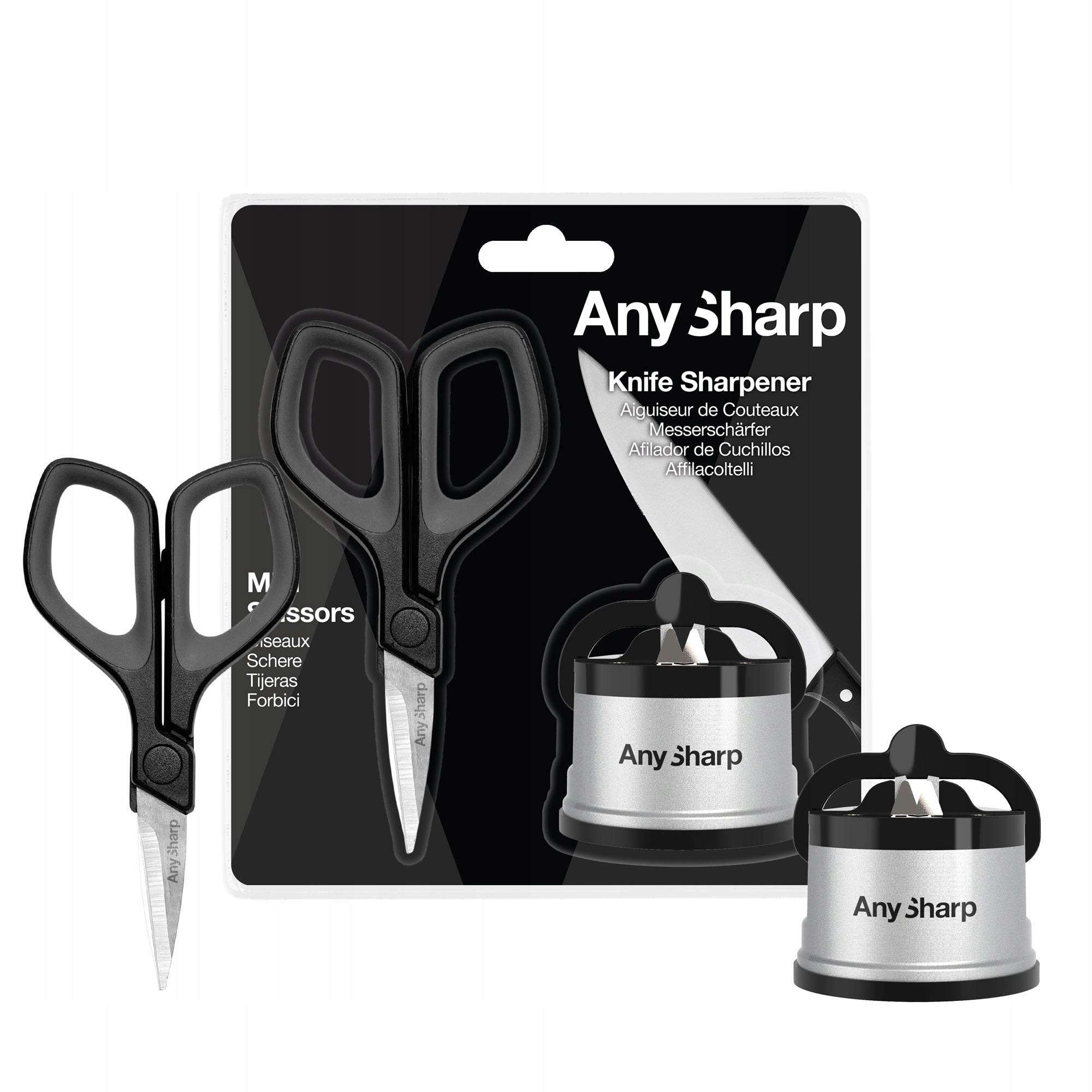 KITCHEN KNIFE SHARPENER + SCISSORS - GIFT SET - AnySharp Manufacturer code ASMULTISILSIZZ