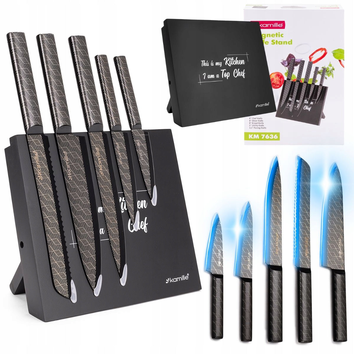 KITCHEN KNIVES STEEL SET OF 5 KNIVES KAMILLE + MAGNETIC STAND