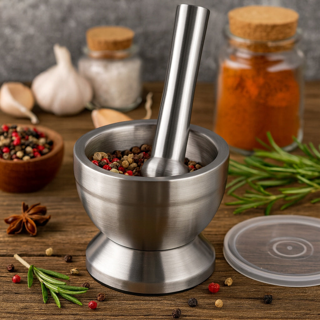 KITCHEN MORTAR STEEL SPICE HERB BEATER WITH PESTLE AND LID Packaging status original