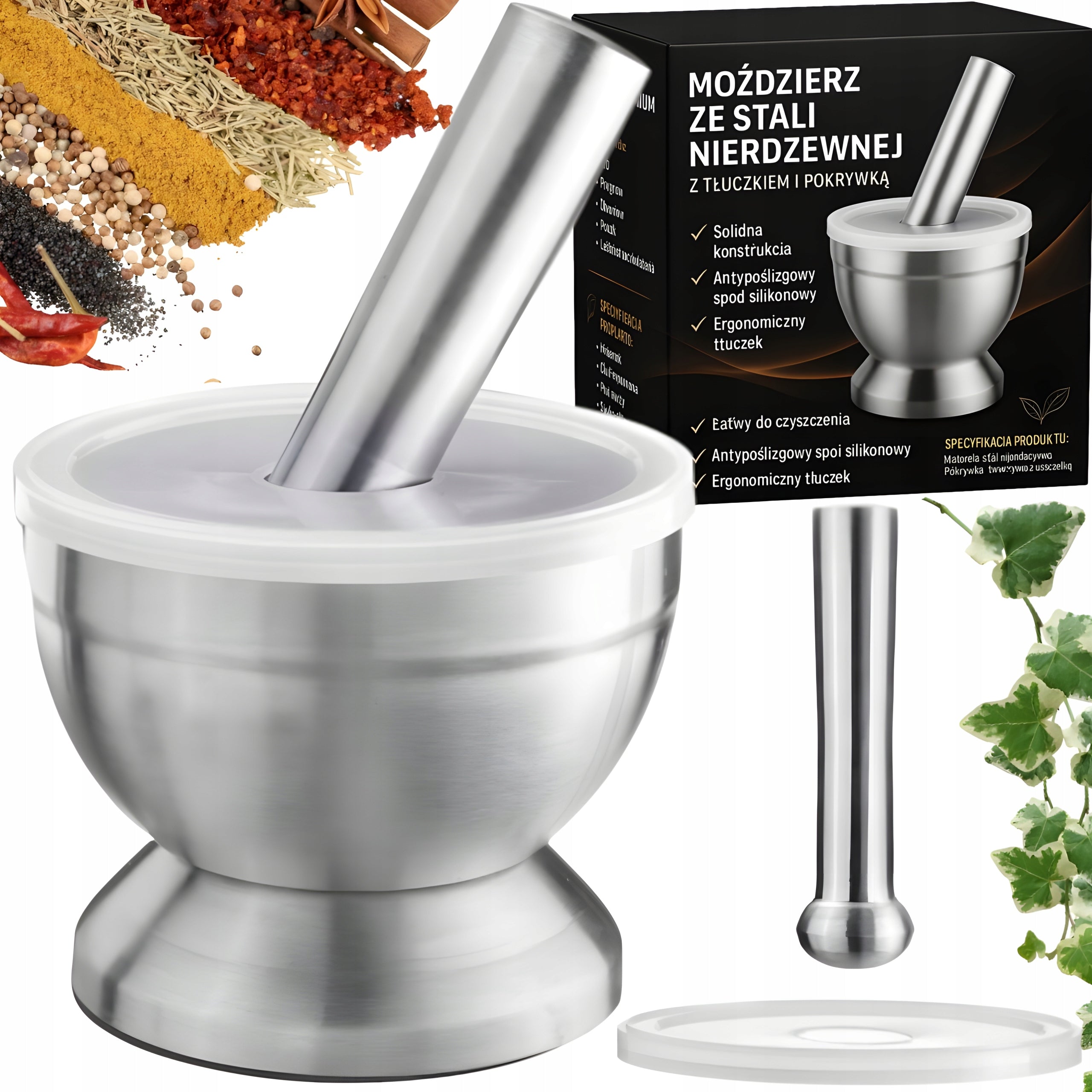 KITCHEN MORTAR STEEL SPICE HERB BEATER WITH PESTLE AND LID
