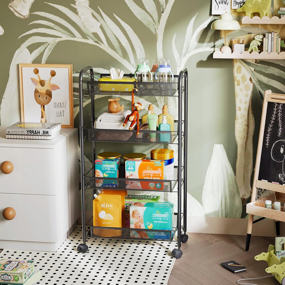 KITCHEN TROLLEY 4 HORIZONTAL NARROW BOOKCASE WITH SIDE HOOKS SHELVES FOR LIVING ROOM BLACK Packaging status original