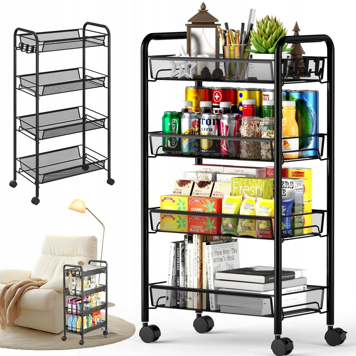 KITCHEN TROLLEY 4 HORIZONTAL NARROW BOOKCASE WITH SIDE HOOKS SHELVES FOR LIVING ROOM BLACK
