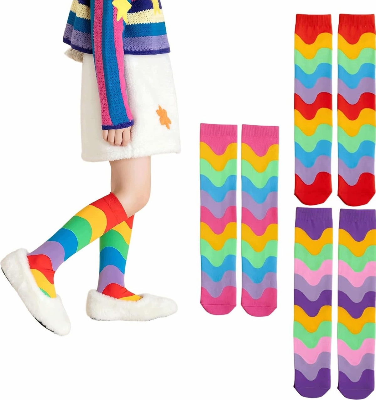 KNEE HIGH SOCKS UNIVERSAL GIRLS COLORFUL WAVE 3 PAIRS ELASTIC CHEERFUL