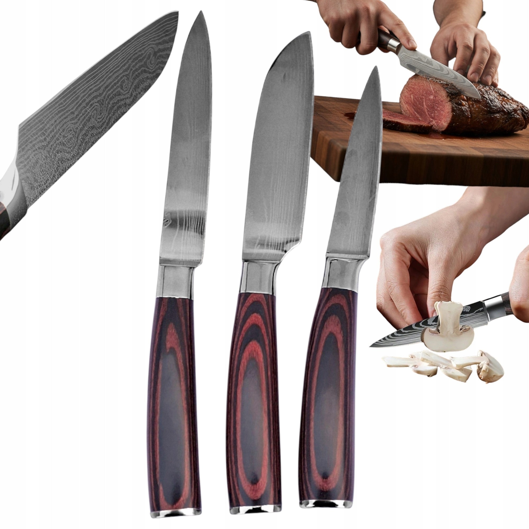 KNIVES JAPANESE STAINLESS STEEL WOODEN HANDLES SET OF 3 KNIVES