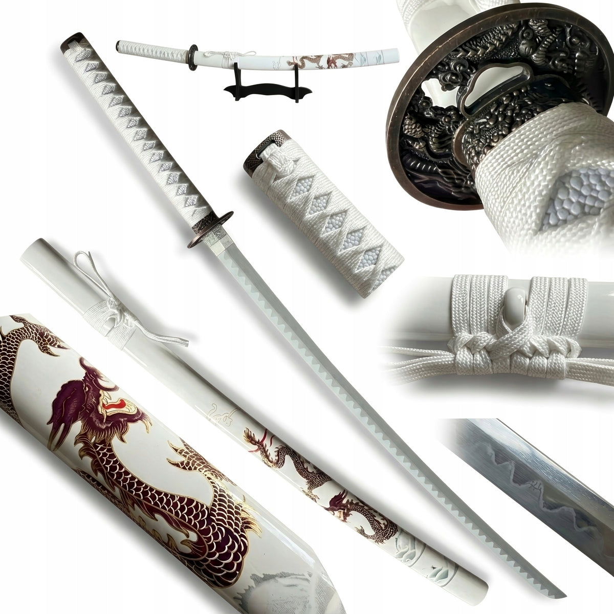 Katana Sword Bamboo Blade White Dragon with   and Stand HK1129WD