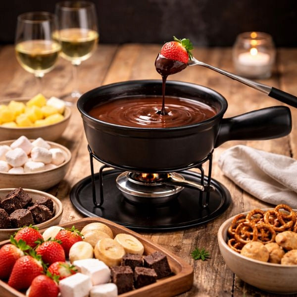 Keramické fondue na sýr či čokoládu Gusta Blac včetně kahanu a vidliček Packaging status original