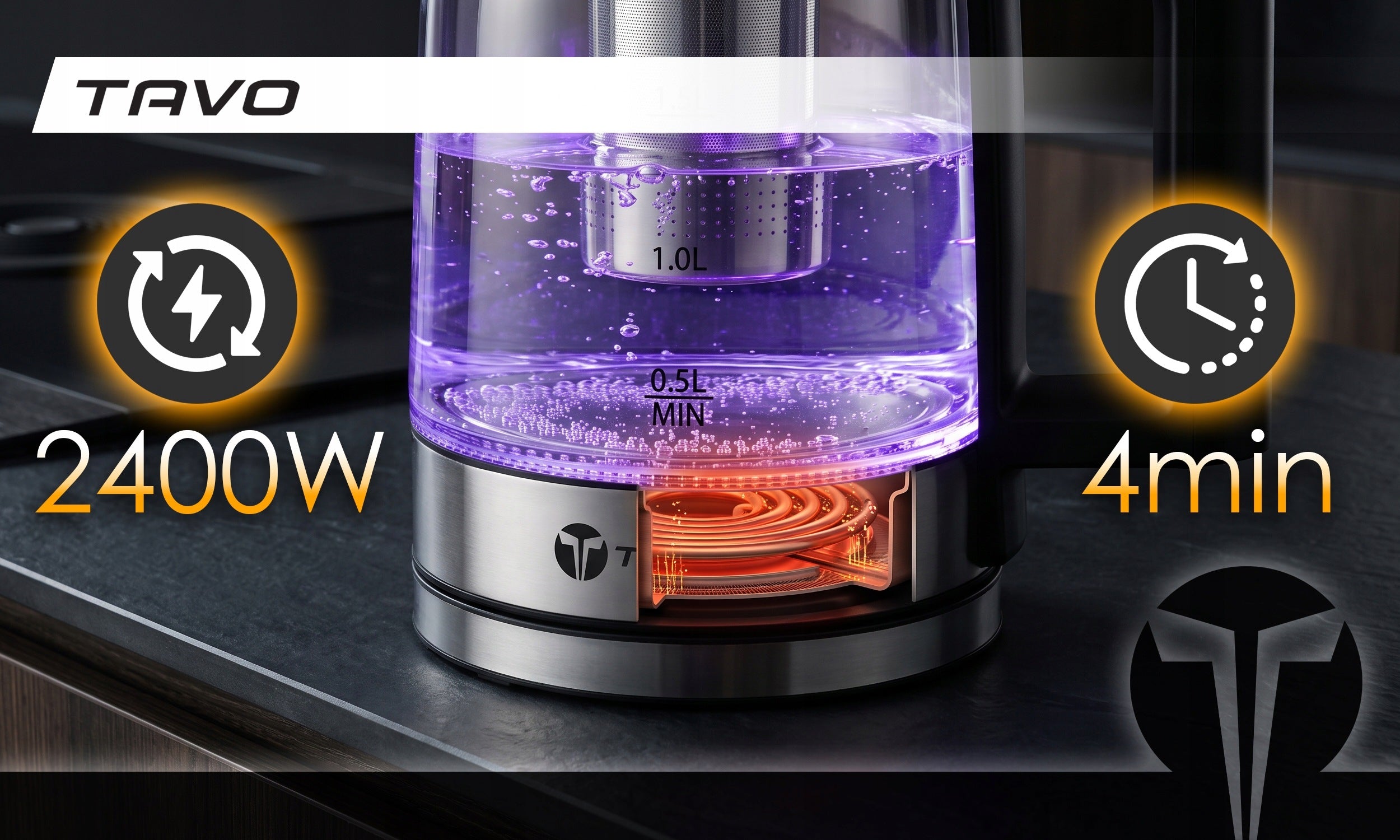 Kettle Electric Infuser 2L Steel 2400W LED Backlight Powerful Brand TAVO