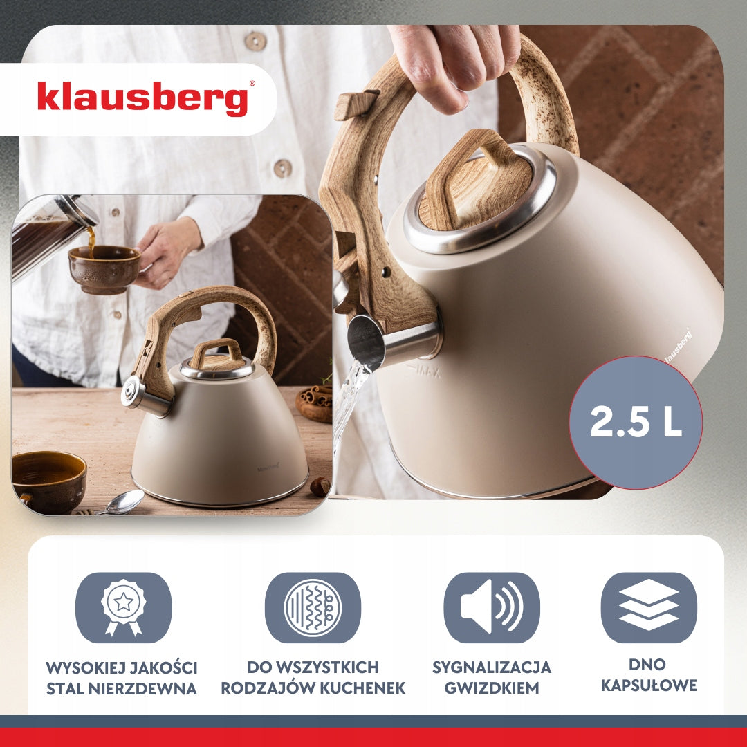Kettle Klausberg KB-7954 2.5L Beige Induction GAS Whistle wood steel Manufacturer code KB-7954