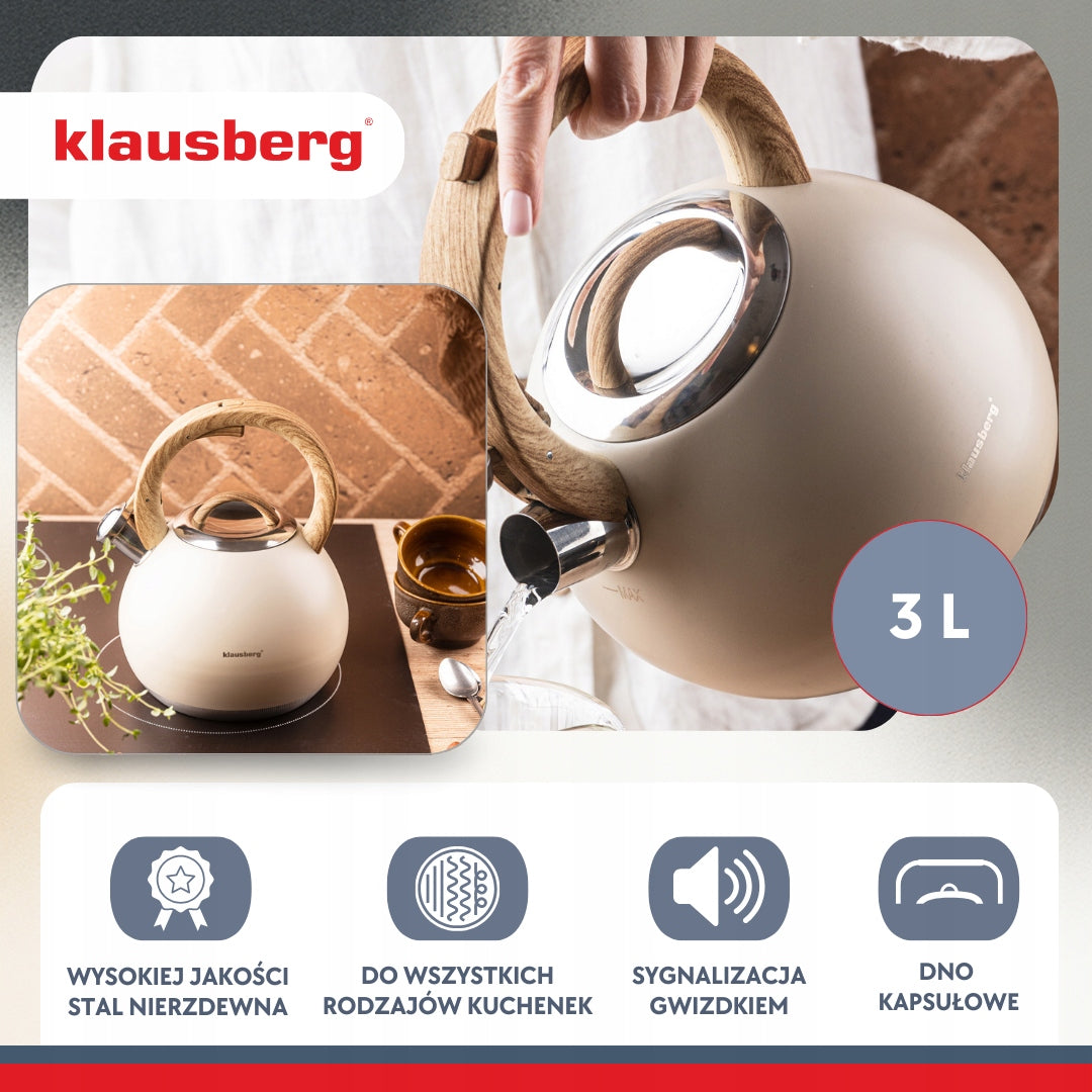 Kettle Klausberg KB-7956 3L induction stainless steel whistle beige wood Manufacturer code KB-7956