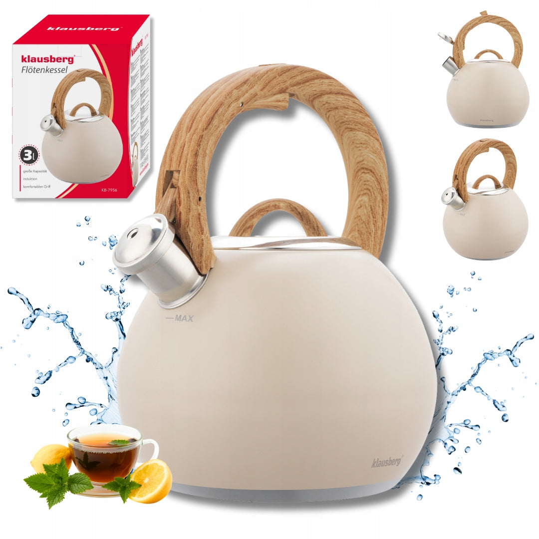 Kettle Klausberg KB-7956 3L induction stainless steel whistle beige wood