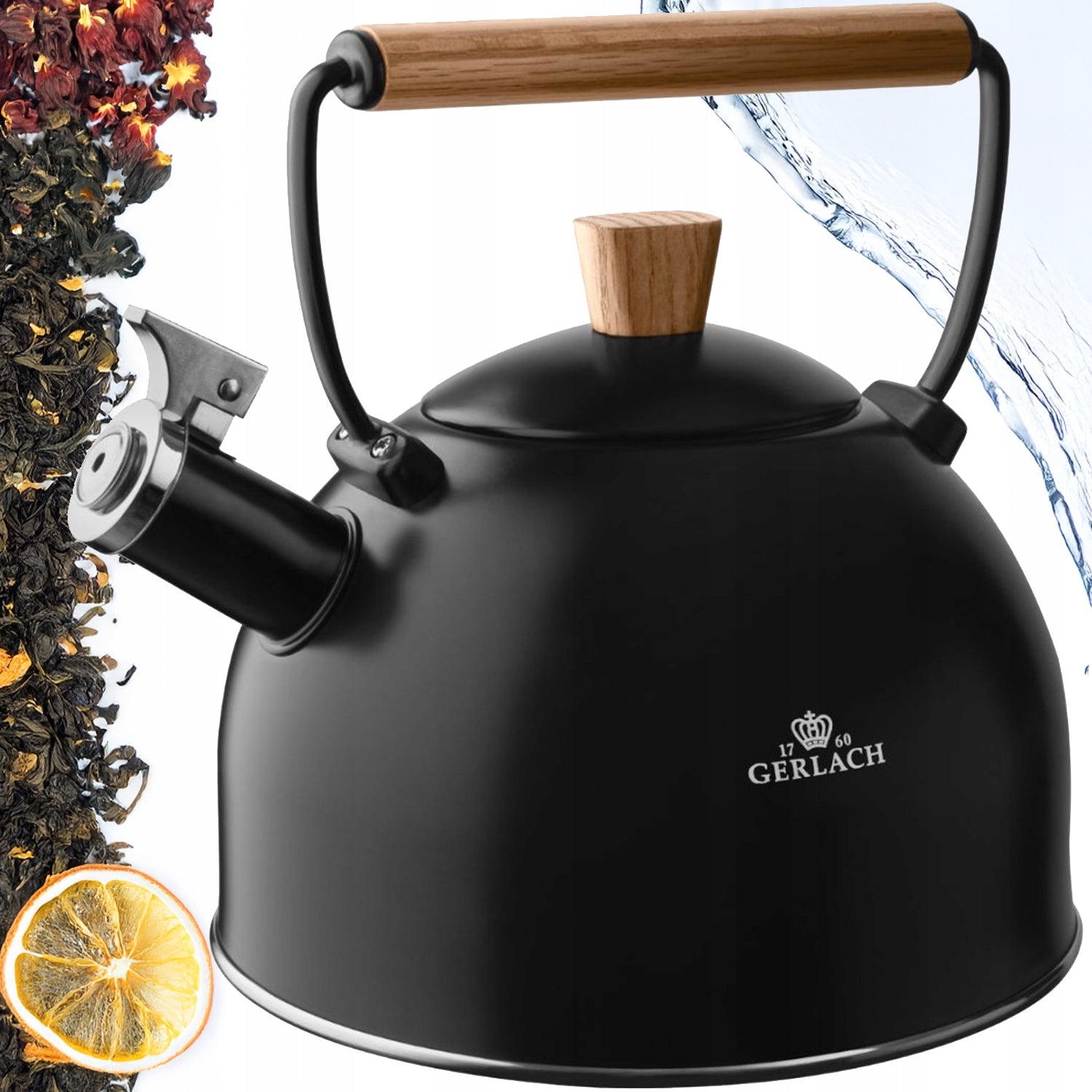 Kettle traditional steel wooden thick bottom whistle Natur Gerlach 2,5L