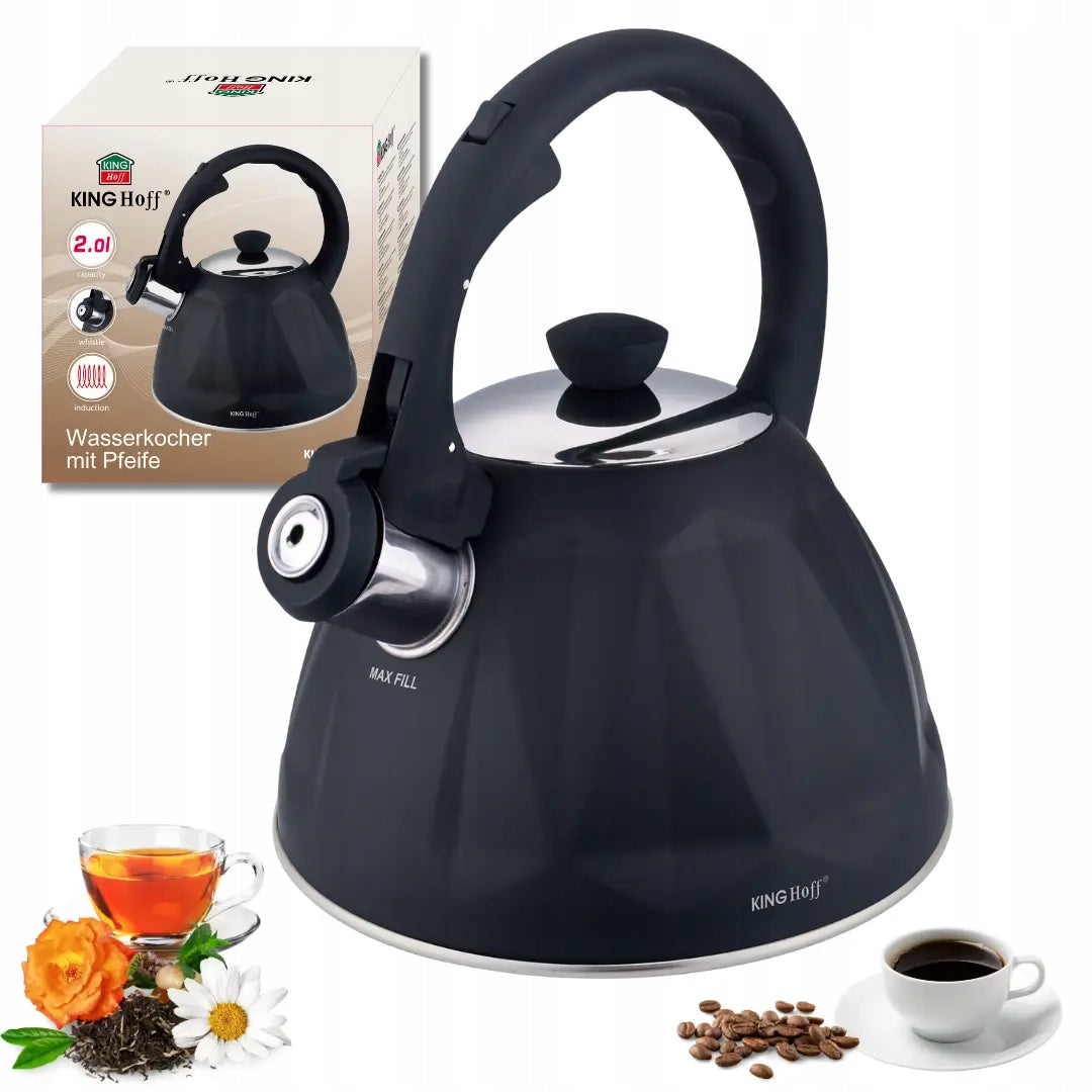 Kettle with whistle, 2 L, black matt, stainless steel