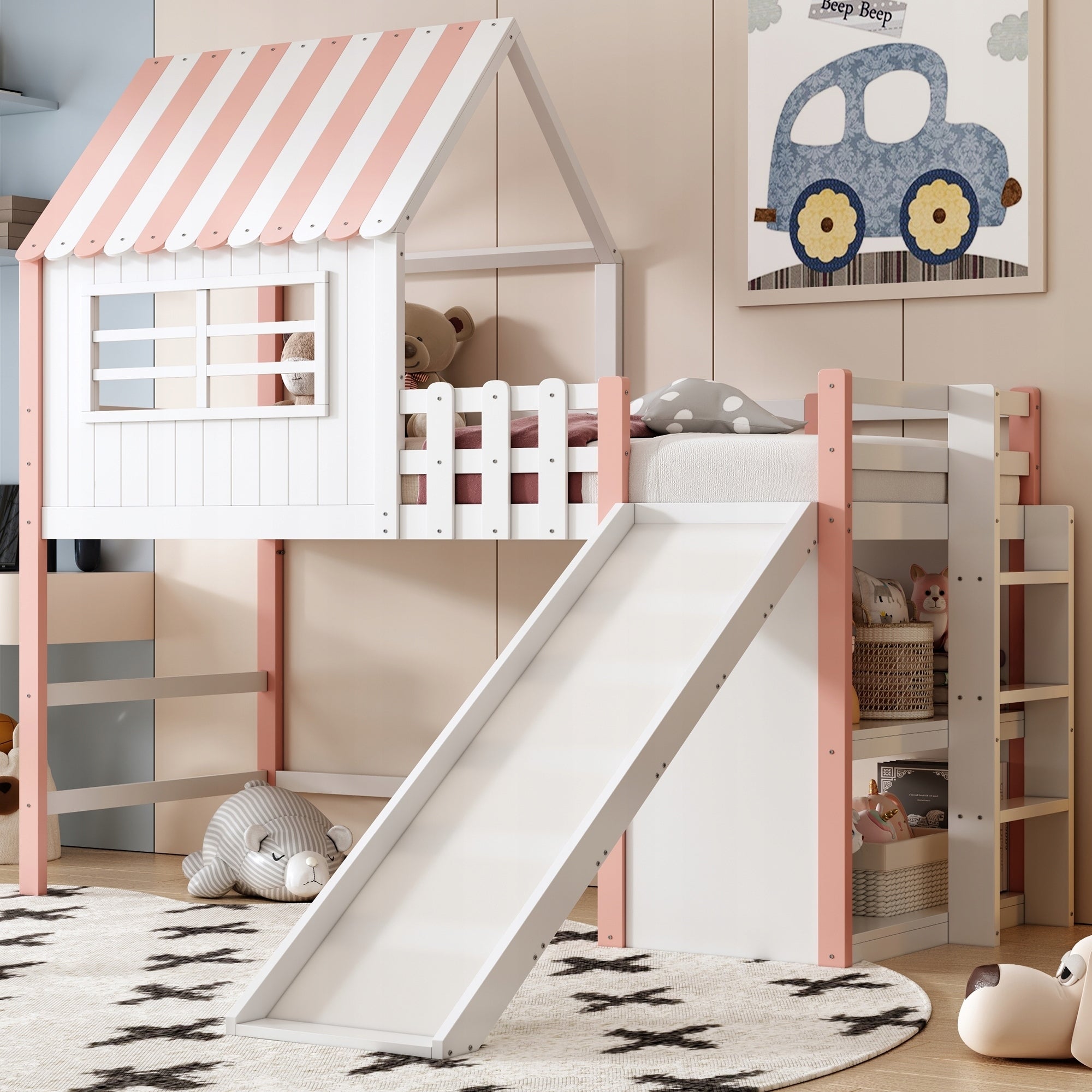 Kids Bed 90x200 cm with Loft Design Safety Ladder and Slide