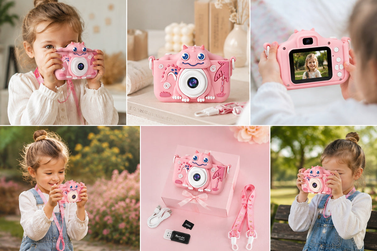 Kids Digital Camera 1080P Selfie 32GB Pink Silicone Camera Packaging status original