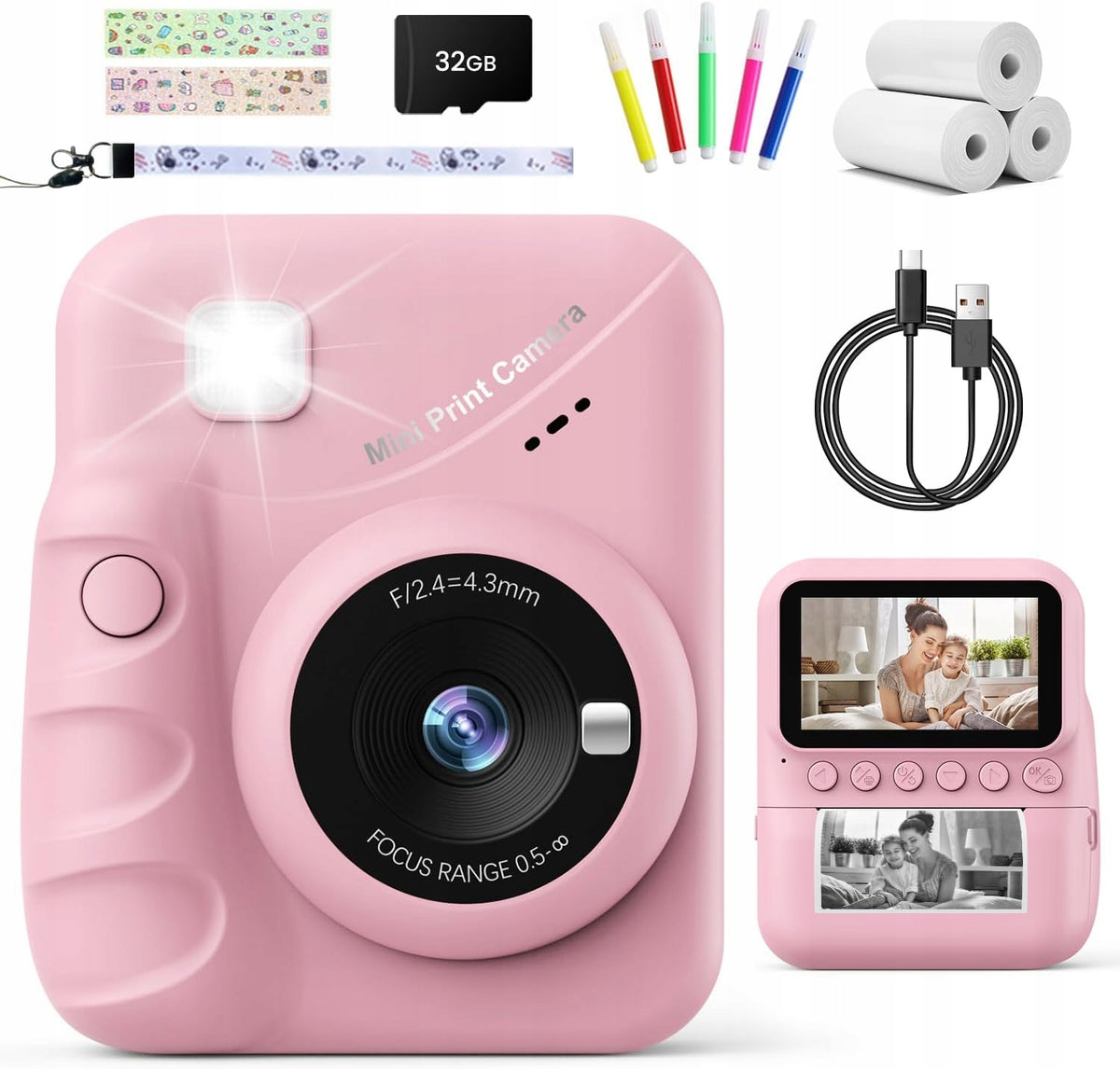 Kids Instant Camera Digital 32GB Card Paper Lanyard USB Cable Packaging status original