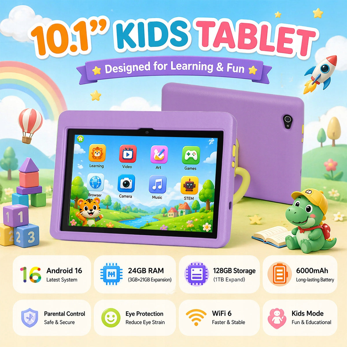 Kids Tablet 10“ Android16 5-Core 24GB+128GB IPS HD 1280×800 Protective Case Packaging status original