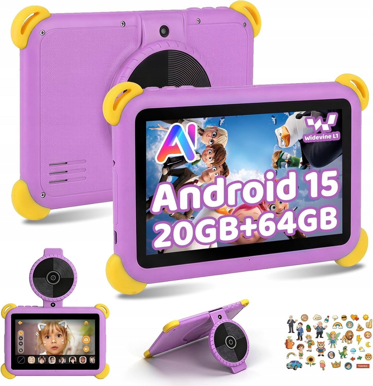 Kids Tablet 7 inch Android 15 3GB/64GB Parental Control AI Dual Cam WiFi 6