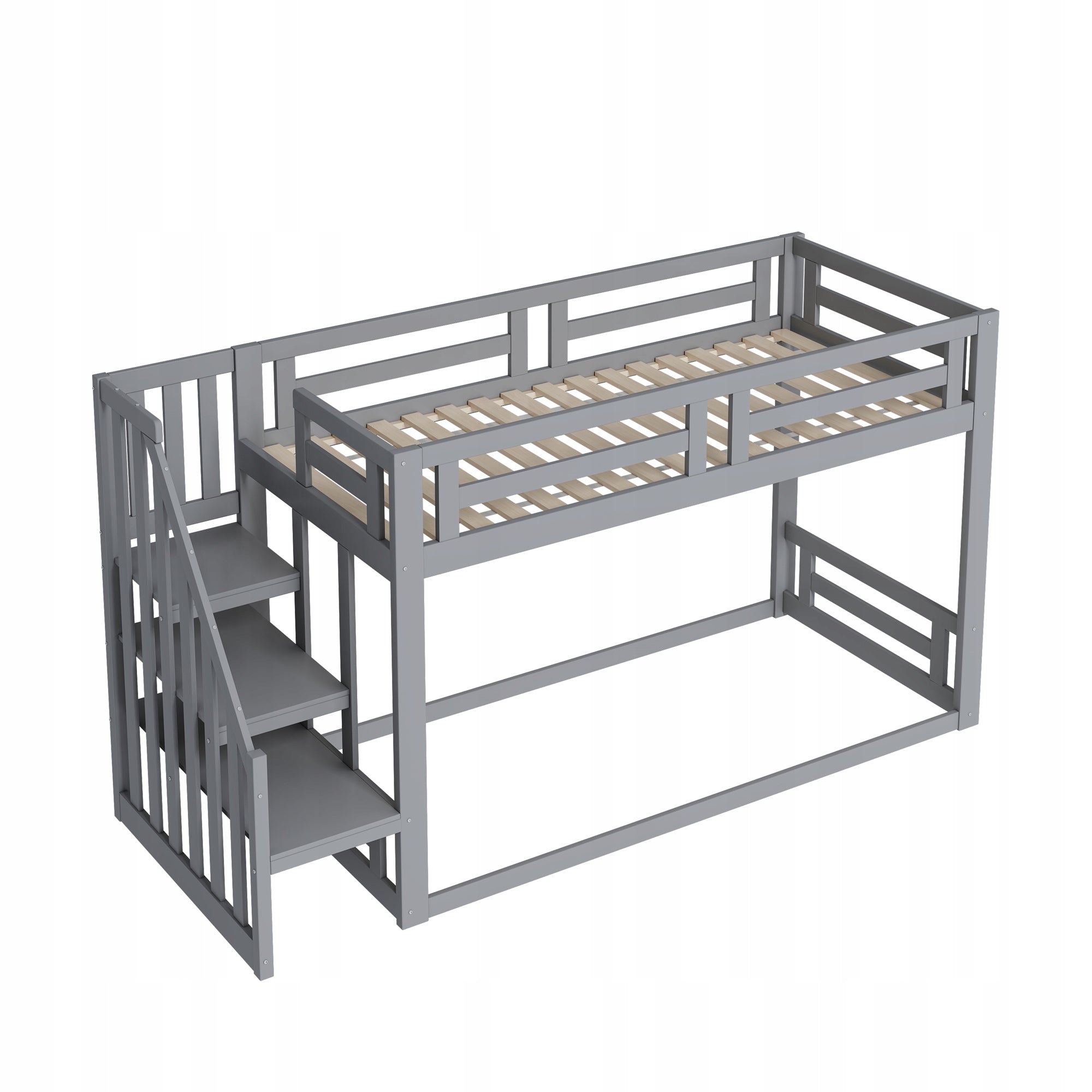 Kids Twin Bunk Bed 90 by 200 cm, Low Height with Safety Staircase