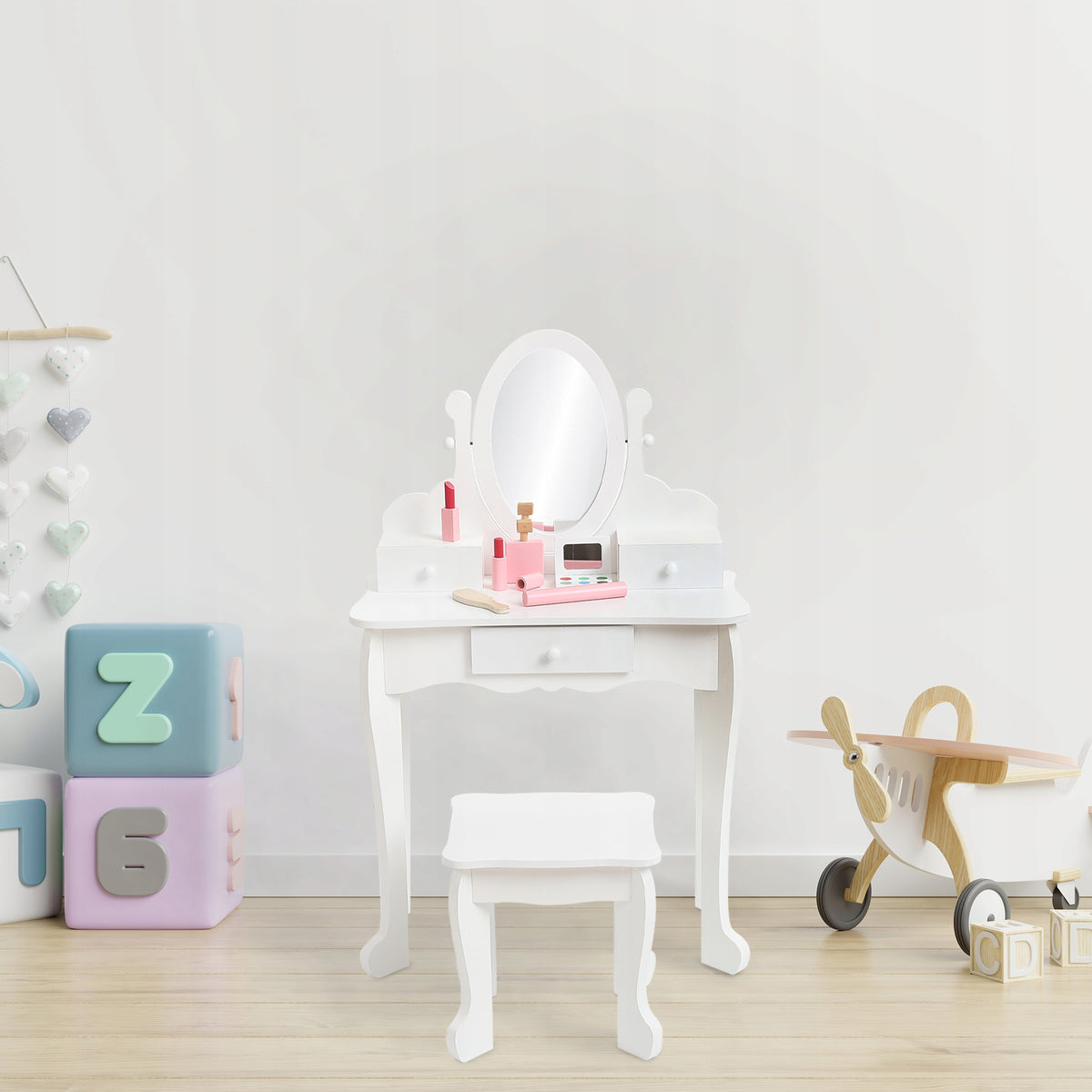 Kids Vanity Set with Adjustable Mirror, and Wood Makeup Playset, White Manufacturer code Thinkmax