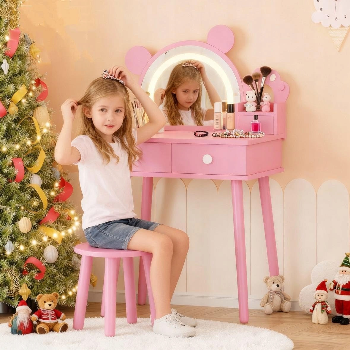 Kids Vanity Set with Lights Mirror & Stool, Bear-Shaped, Pink