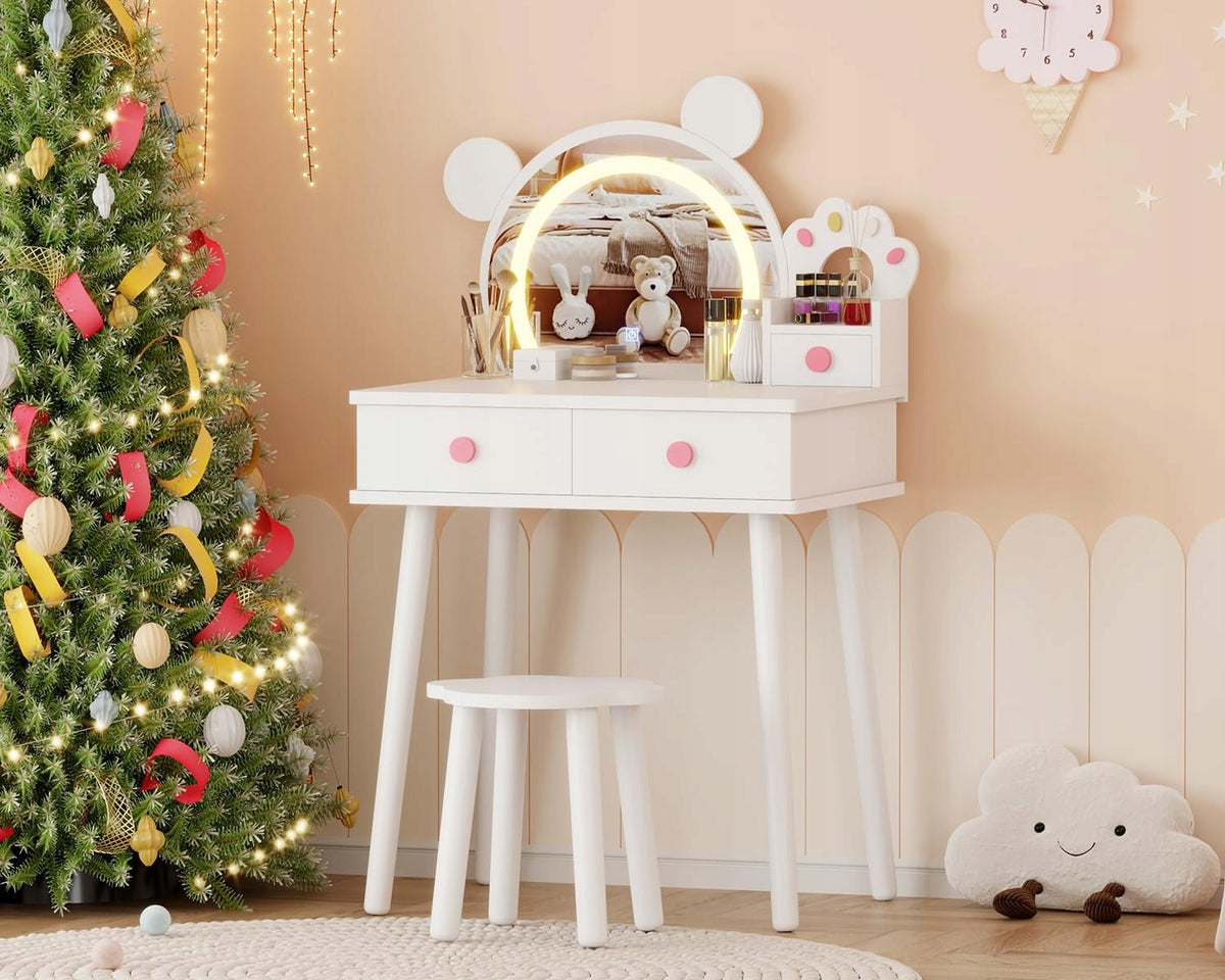Kids Vanity Table with Lights, Bear-Shaped Dressing Table, White