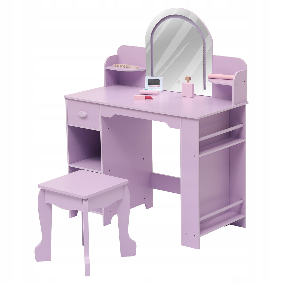 Kids Vanity with Lighted Mirror & Stool, Adjustable LED Light, Purple Packaging status original