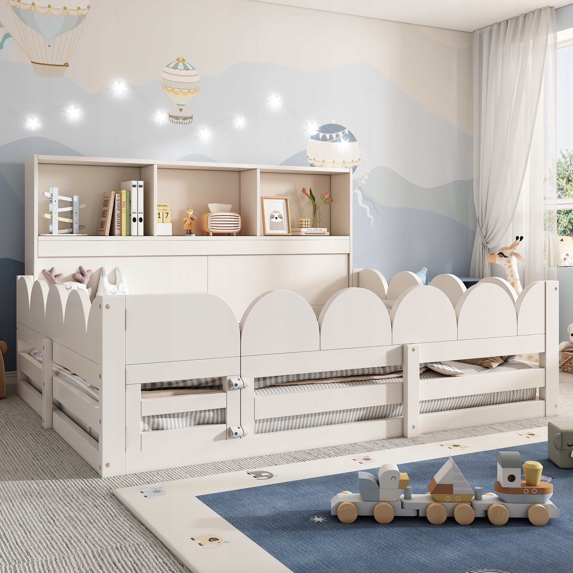 Kids Wooden Floor Bed with Fall Protection Rail&Storage Headboard,140x200cm Manufacturer code 20540506W