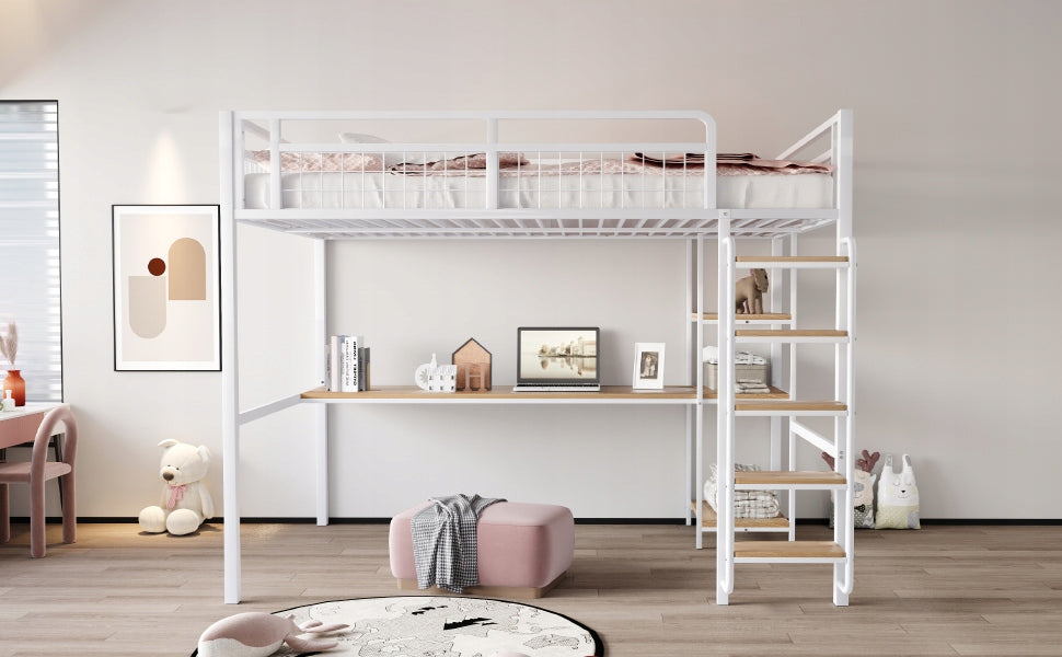 Kids and Teen Metal Bed Frame with Staircase, Table, and Shelf Brand no brand
