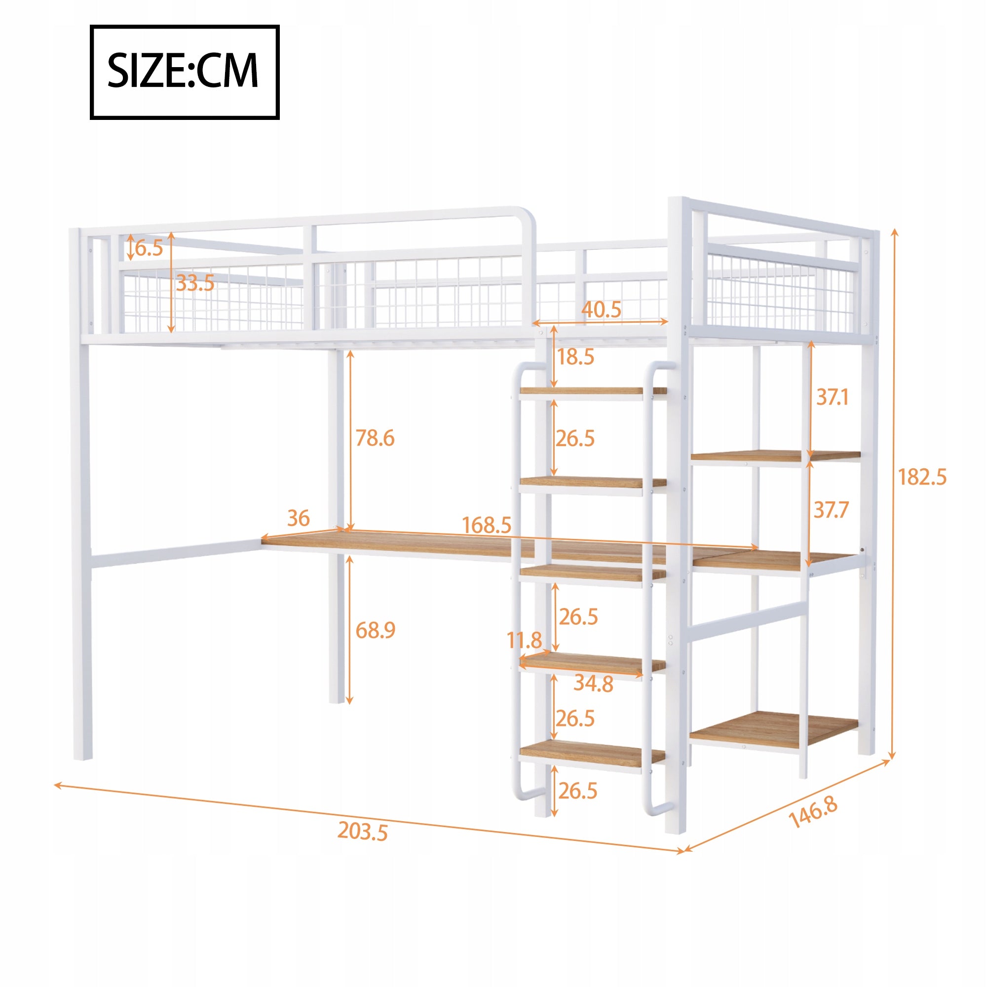 Kids and Teen Metal Bed Frame with Staircase, Table, and Shelf Number of pieces 3 pcs