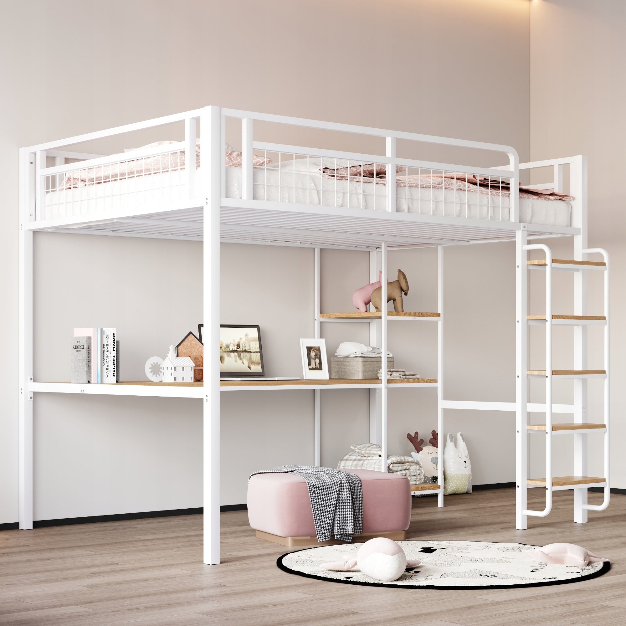 Kids and Teen Metal Bed Frame with Staircase, Table, and Shelf