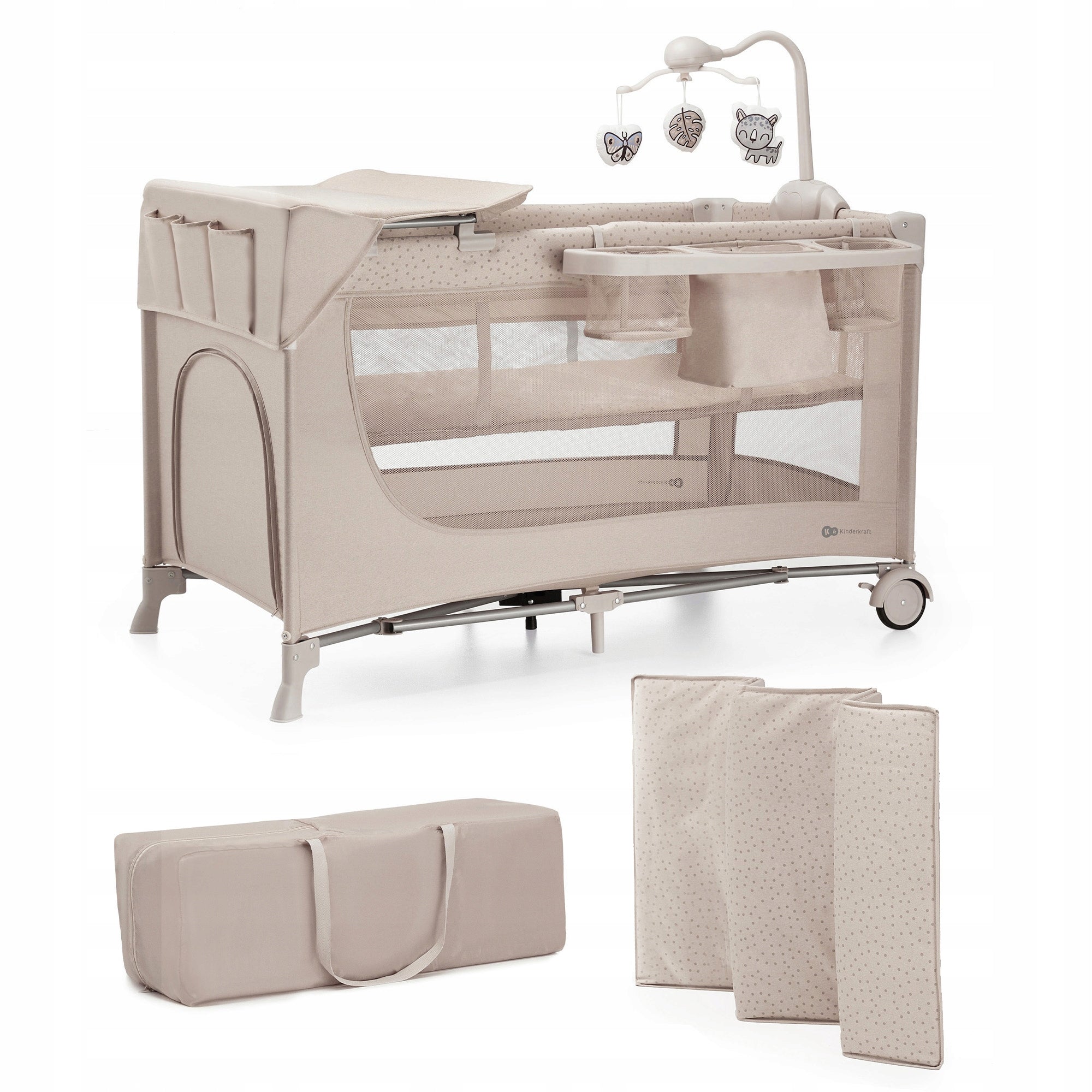 Kinderkraft Children's Travel Cot 3in1 JOY 2 with accessories beige