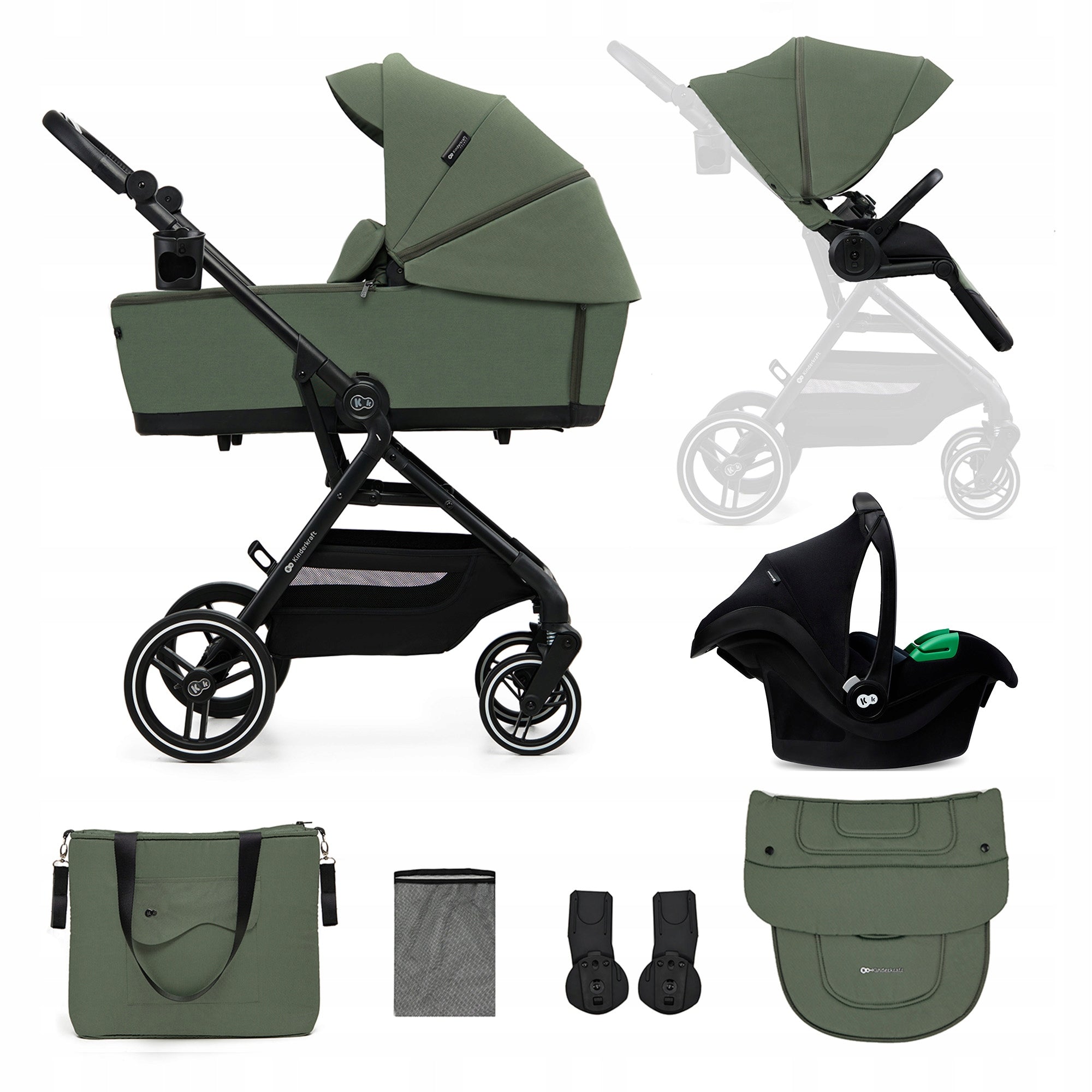 Kinderkraft Stroller 3in1 Stroller up to 22 kg Gondola Accessories YOXI Green