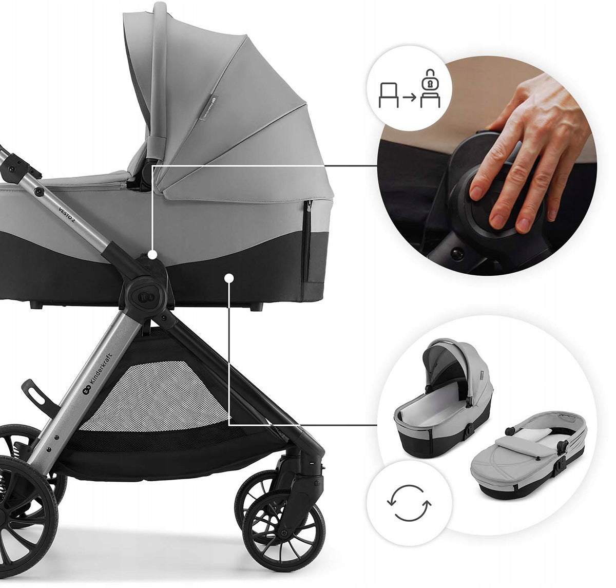 Kinderkraft Vesto 2 - multifunctional stroller, 3in1 set with seats Manufacturer code KSVEST02GRY3000