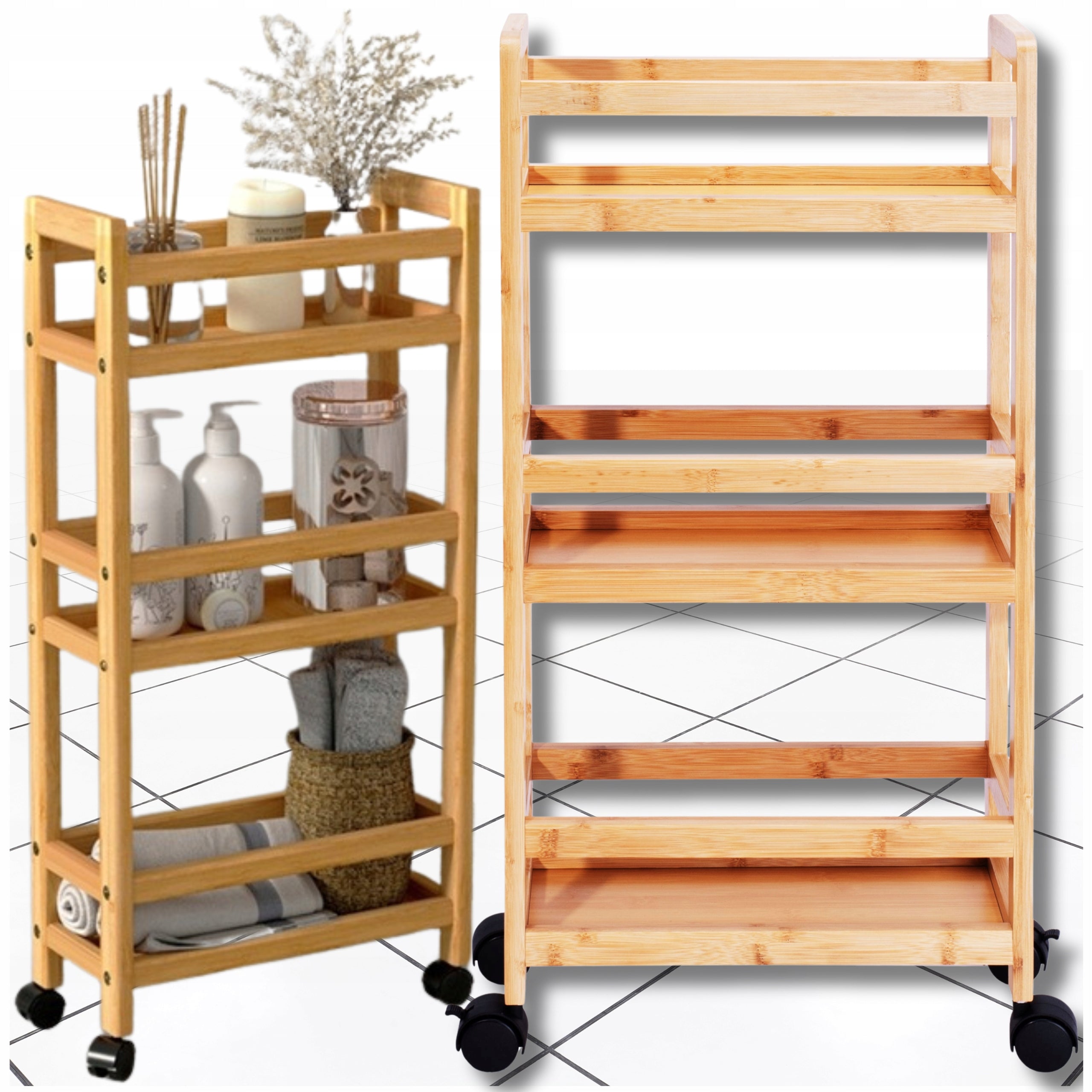 Kitchen Bathroom Shelving Unit On Wheels Bamboo Wooden Narrow Cabinet Bronze