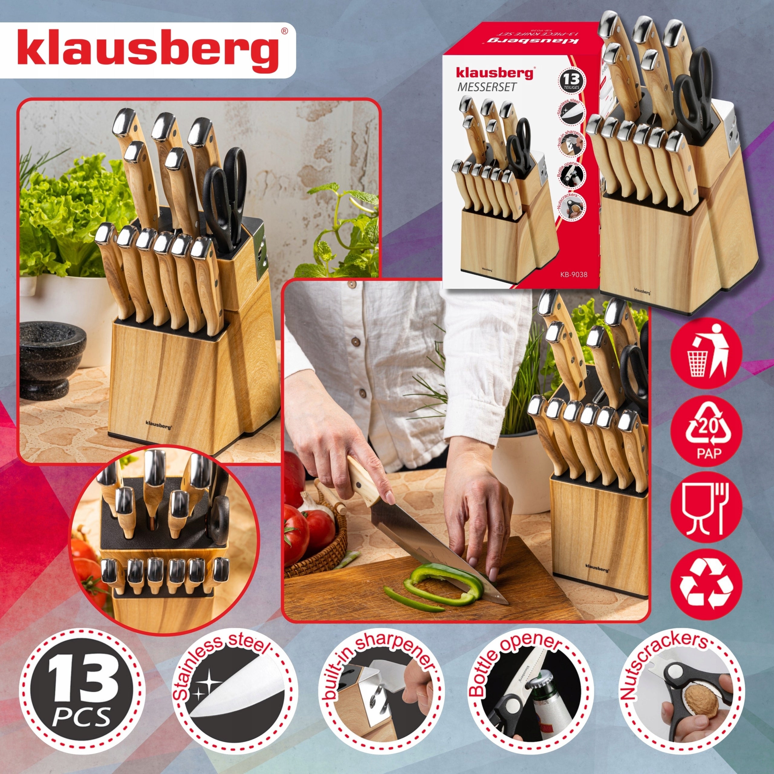 Kitchen Knives 13el Rack with Sharpener + 6 Steak Knives Scissors KLAUSBERG Manufacturer code KB-9038