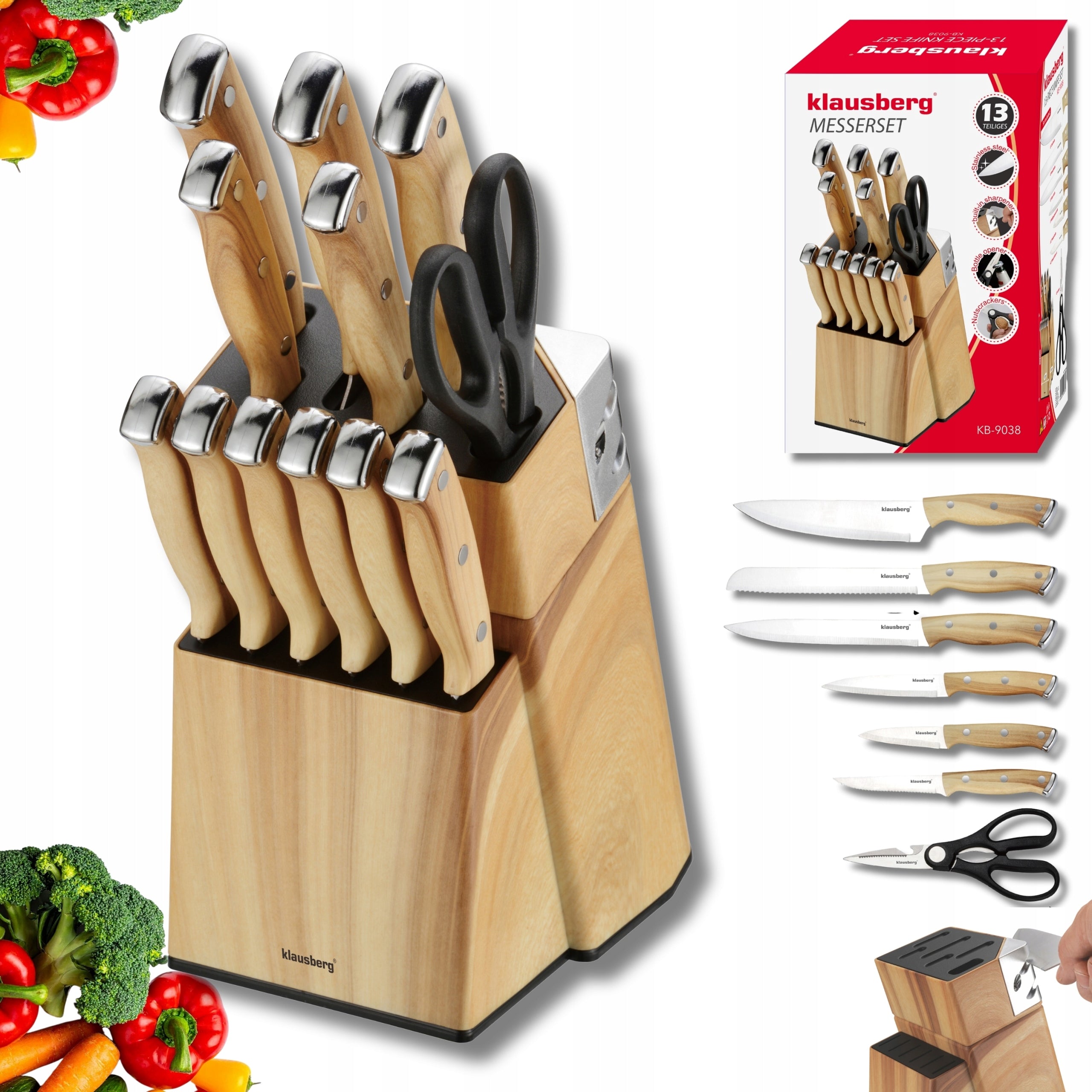 Kitchen Knives 13el Rack with Sharpener + 6 Steak Knives Scissors KLAUSBERG
