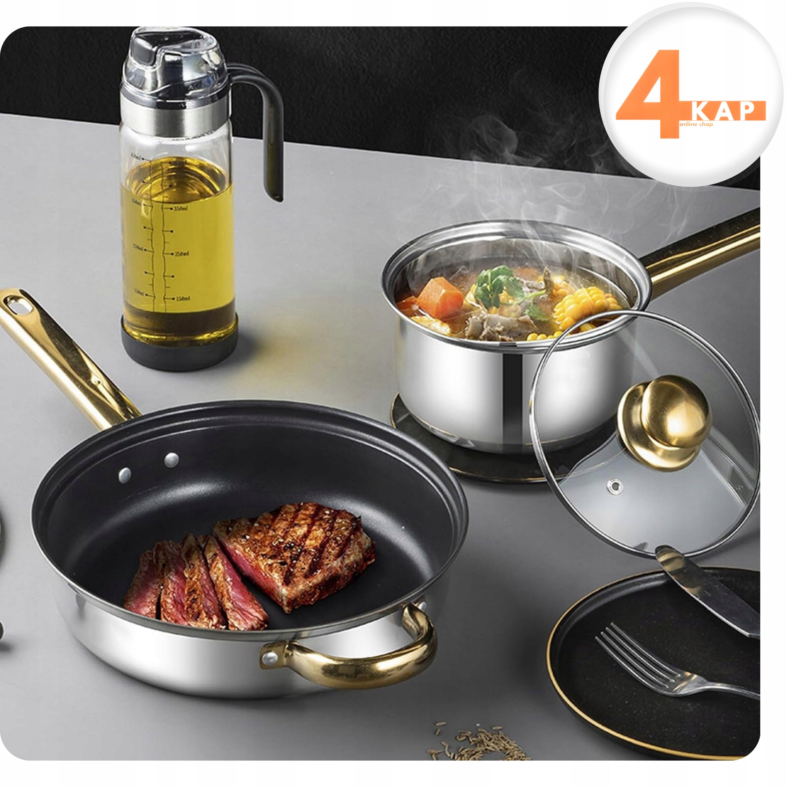 Kitchen Pot Set of 12 Elem. Gas Indication Pan + Lids Line GOLD