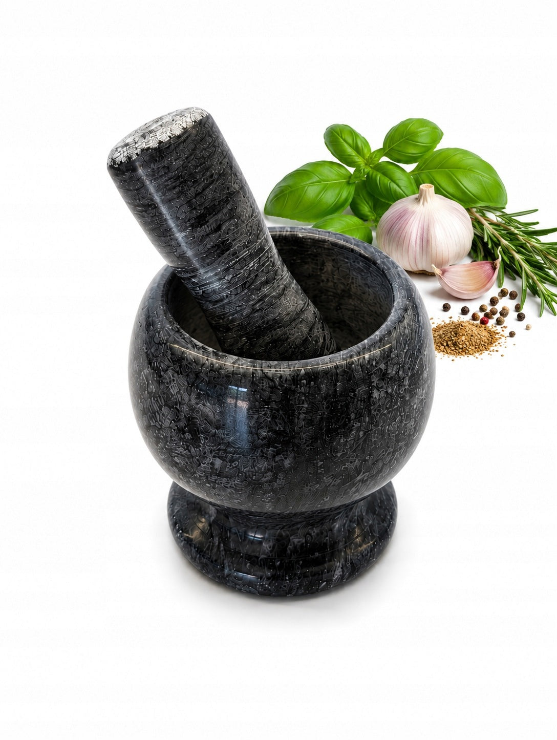 Kitchen mortar for herbs spices stone with pestle mix