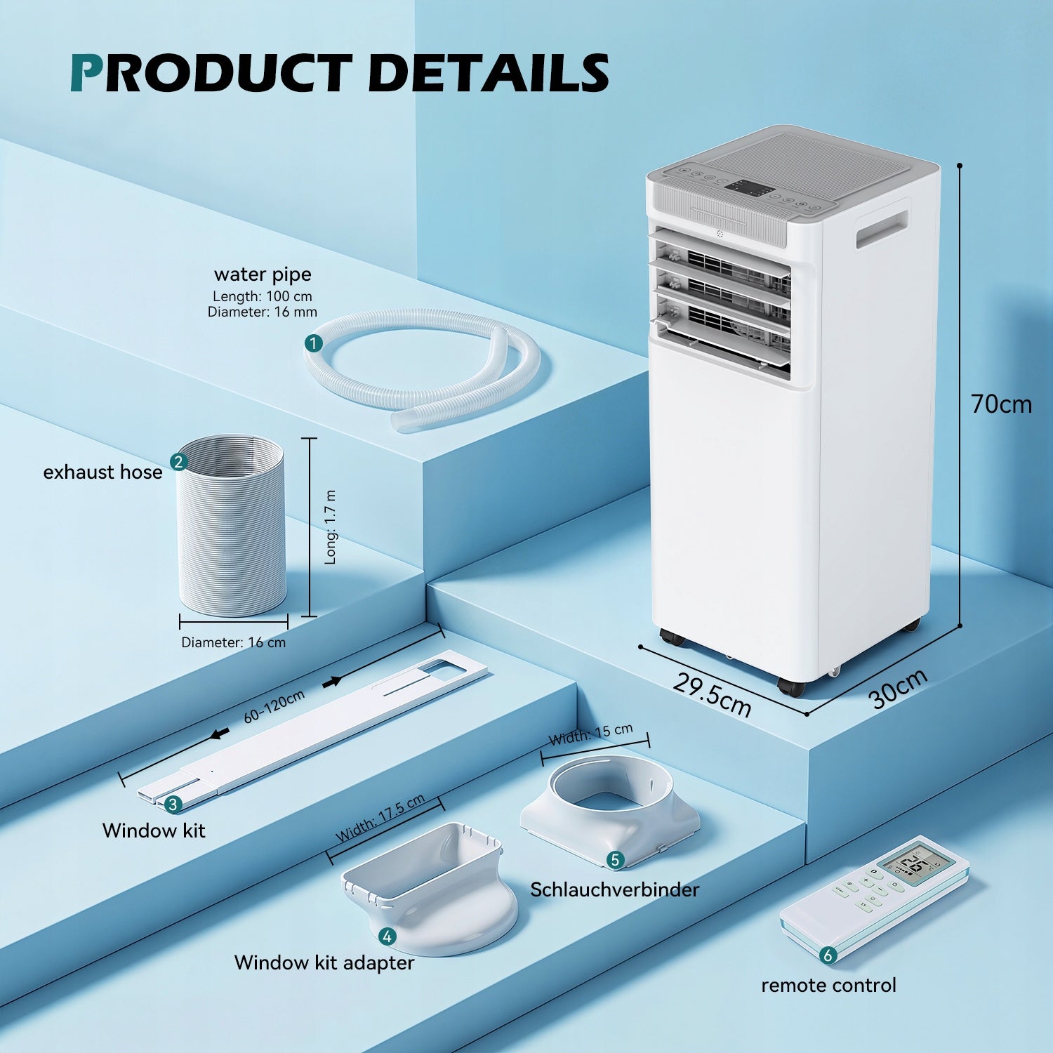 Klimatyzator przenośny 7000 BTU Cichy 6w1 Pilot Osuszacz Energooszczędny Power 1500 W