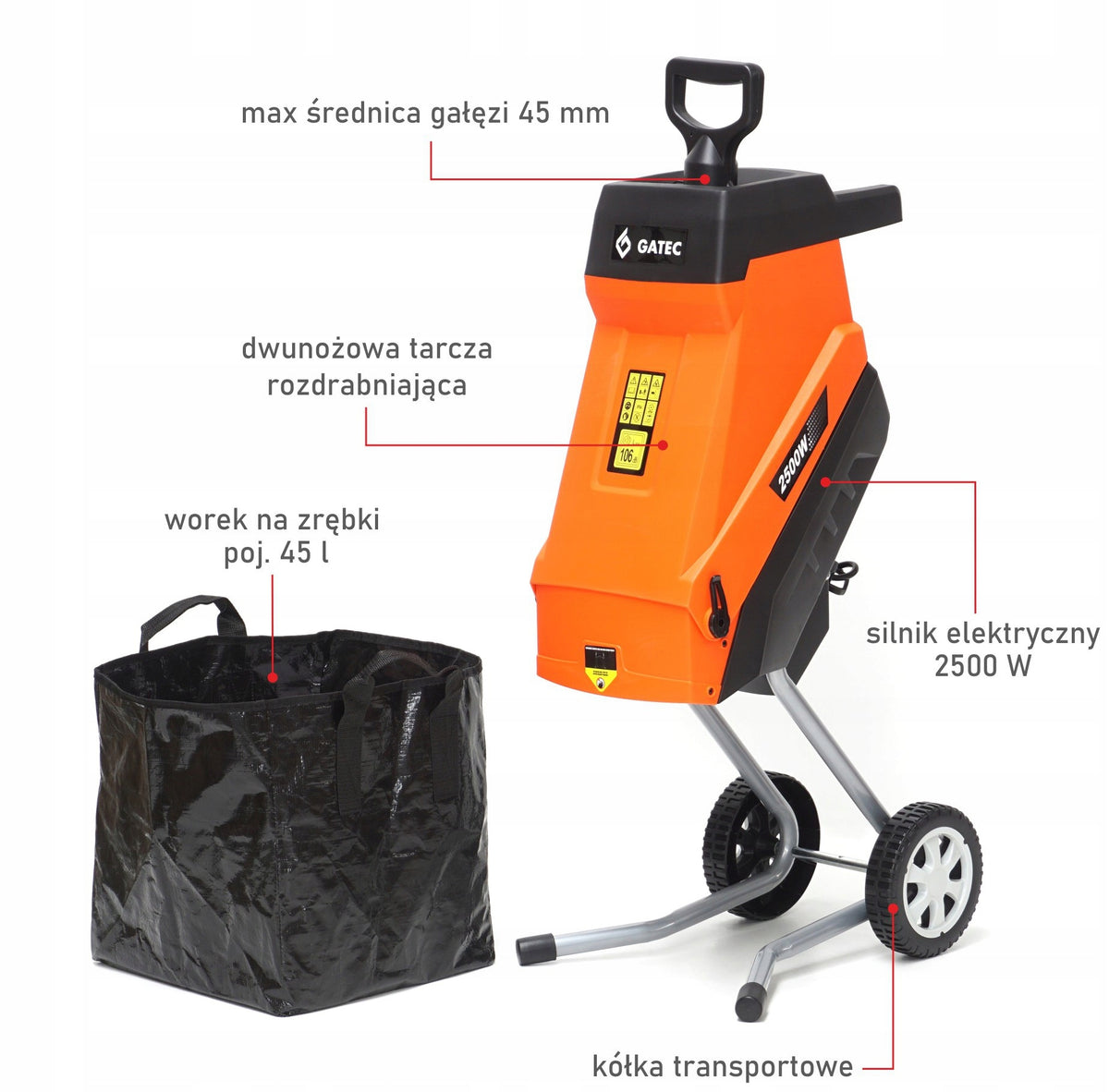 Knife shredder for branches, Chipper GATEC GT 145 RE / 2500W + Basket Brand GATEC
