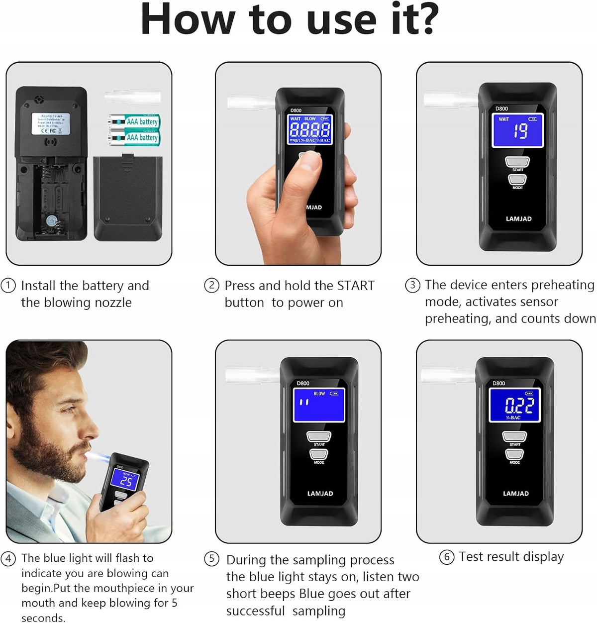 LAMJAD Breathalyzer with 10 mouthpieces and digital display Model ALK