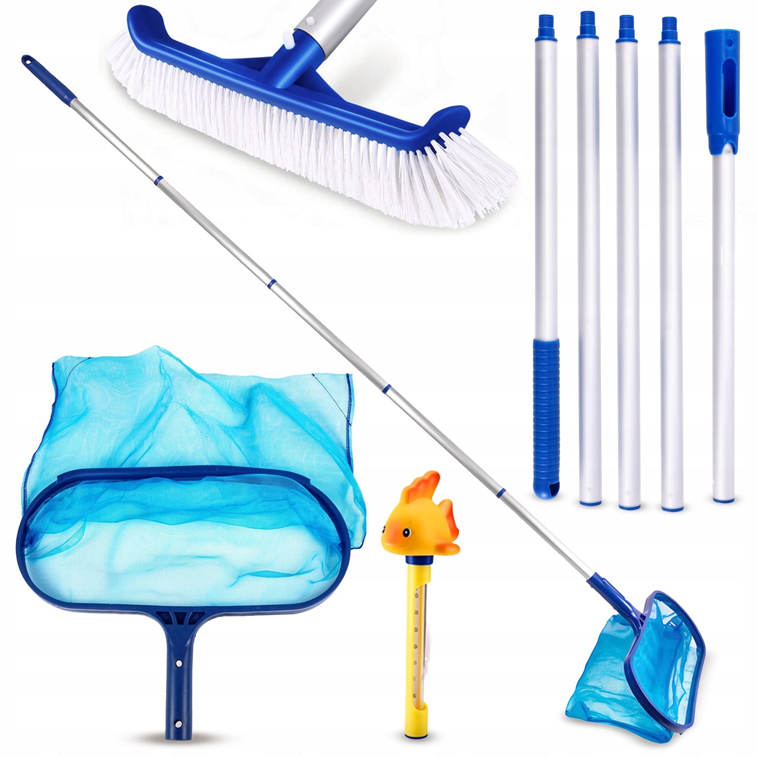 LANDING NET BRUSH THERMOMETER FOR CLEANING THE WATER POOL BOTTOM OF THE WALLS SET