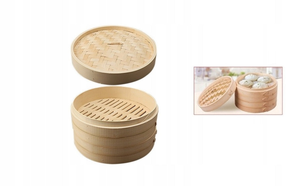 LARGE BAMBOO STEAMER 2 STEAMING STRAINERS PAIR fi 24 cm THICK