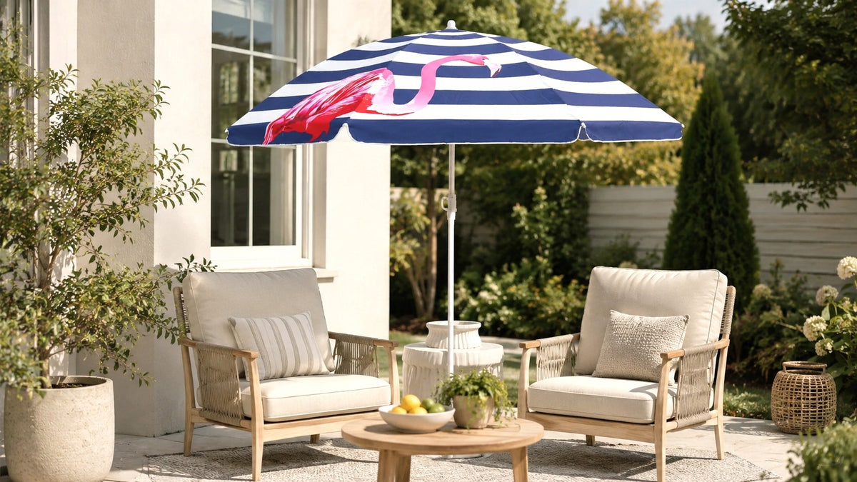 LARGE BEACH UMBRELLA UV+ BALCONY GARDEN BROKEN STRIPES - FLAMINGO - 180 cm. Manufacturer code 15-08-001