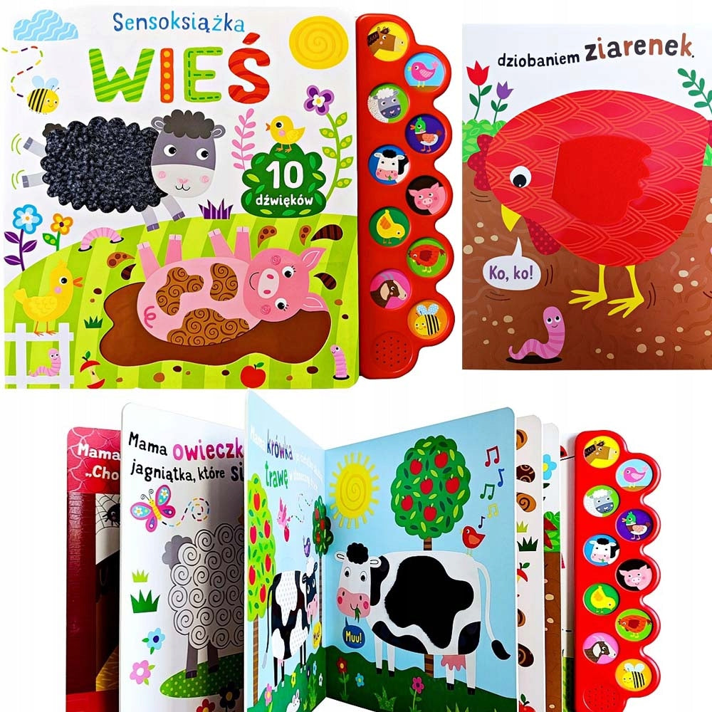 LARGE BEAUTIFUL EDUCATIONAL BOOK TEXTURE COLORS 10 SOUNDS ANIMALS VILLAGE