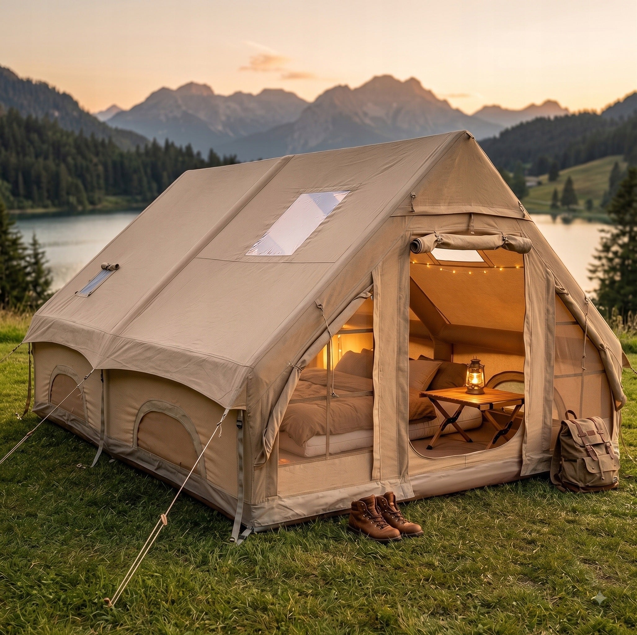 LARGE CAMPING TENT PUMPED 8 PERSON INFLATABLE 12m2 400x300cm+PUMP Packaging status original