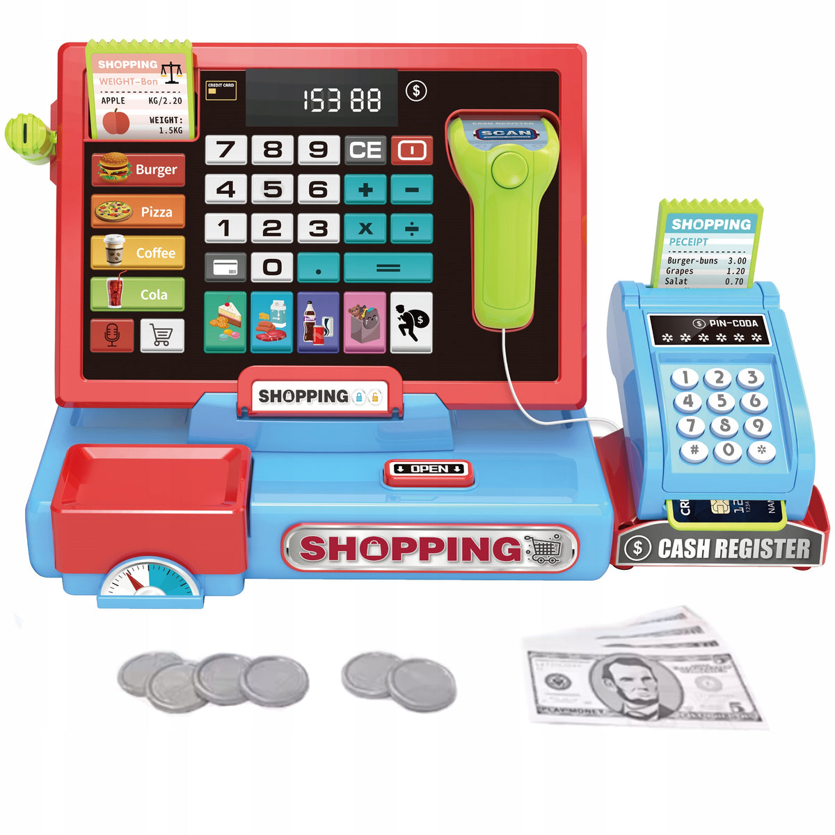 LARGE CASH REGISTER Shop FOR CHILDREN CALCULATOR Scanner SOUND MATADI AKC