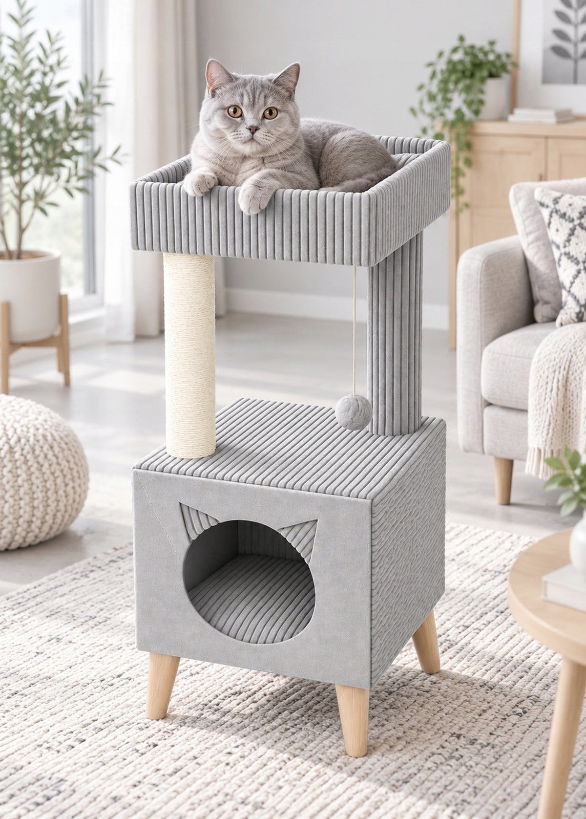 LARGE CAT SCRATCHER BED COTTAGE VELOUR SISAL GREY SCANDINAVIAN TOWER Manufacturer code D90